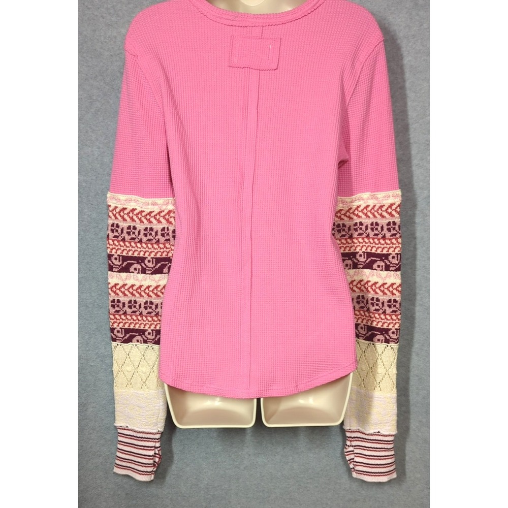 New Free People We The Free All In Cuff Top L Pink Waffle Thermal Boho Laid Back - Picture 5 of 8
